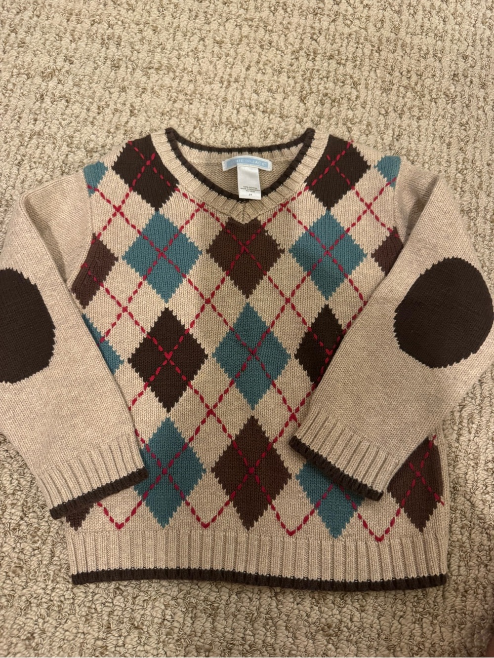 Janie and Jack 3 2008 Beige Argyle Sweater with Teal & Brown Accents